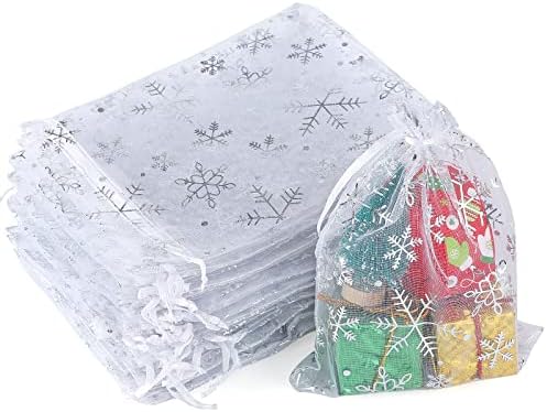 jijAcraft 5x7 Inch Christmas Organza Bags - 50Pcs White Snowflake Gift Bags with Drawstring, Xmas Party Favor Sheer Mesh Pouches for Winter Gift, Candy, Jewelry Bag