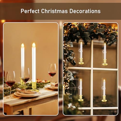 12 Pack Christmas Window Candles, Battery Operated Window Candles with Timer Remote, LED Window Candle with Candle Holders Suction Cups for Christmas Decorations, Gold