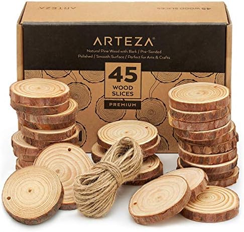 ARTEZA Natural Wood Slices, 2.4-2.8 Inch Diameter, Set of 45, Brown Round Pine Wood Discs with Bark for Crafts, Christmas Ornaments, Centerpieces