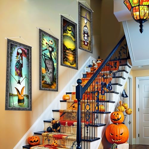 4 Packs Jack Sally Banners Porch Signs Halloween Decor Christmas Nightmare Hanging Vintage Banner Halloween Decorations Outdoor Horror Poster for Indoor Stretching Portraits Before Party Banner Wall Art Wallpaper
