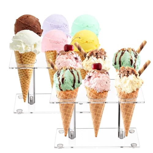 Youeon 2 Pack Acrylic Ice Cream Cone Holder with 6 Holes, Clear Waffle Cone Holder Stand, Sushi Hand Roll Stand for Wedding, Birthday, Christmas, Thanksgiving, Party or Buffet, Easy to Assemble