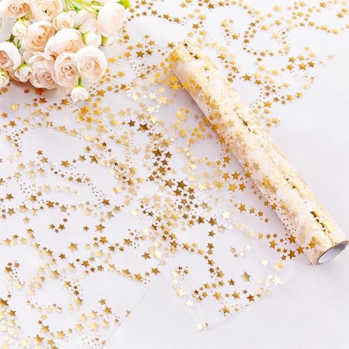 YATOJUZI Gold Table Runner,16 Ft Golden Star Sheer Chiffon Tulle Table Runner,Sequin Glitter Metallic Foil Gold Table Decorations Centerpiece for Wedding Birthday Christmas Party
