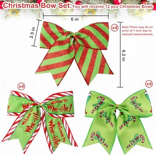 12 Pcs Red Green Christmas Bows,6 Inch Large Wreaths Bows for Tree Gift Wrapping Garland,Christmas Decoration Holiday Party Crafts Xmas Tree Ribbon Ornaments (Pattern)