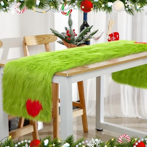 1 Pcs Christmas Green Faux Fur Table Runner Whimsical Lime Green Christmas Table Runner 13'' x 72'' Holiday Party Kitchen Fireplace Dining Room Home Decoration