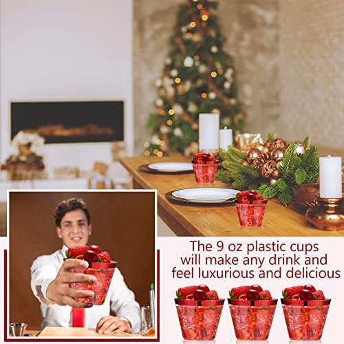 Lounsweer 100 Pcs 9oz Rimmed Plastic Cups Christmas Clear Cocktail Cups Heavy Duty Disposable Wine Glasses for Birthday Bridal Shower Baby Shower Holiday Celebrations(Red)