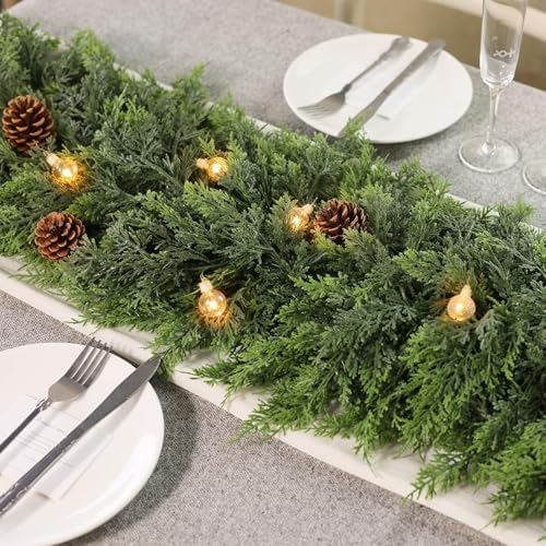 16FT Cedar Garland for Fireplace - Artificial Christmas Garland Thick and Lush Realistic Faux Cedar Fake Pine Needles Garland for Table,Window,Stairs,Mante,Indoor Outdoor Decor (1PCS)