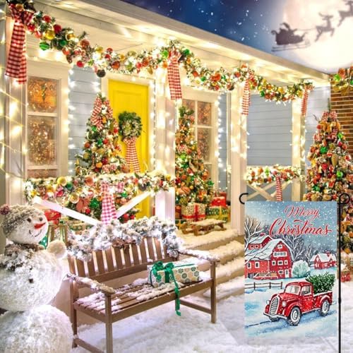 Doncida Merry Christmas Garden Flag 12x18 Double Sided Burlap Red Truck Christmas Tree Rustic Quote House Winter Xmas Yard Flag for Outside Decoration