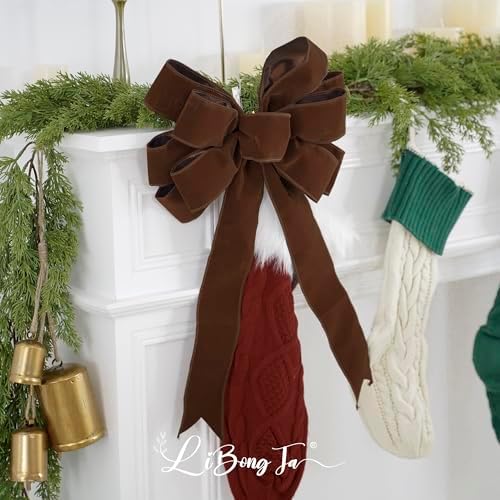 13" Brown Bow Pre-Tied Bow for Christmas Tree, Brown Velvet Ribbon Bow for Wreaths, Tree Toppers Bow, Premade Bow, Gift Bow for Party Favor, Christmas Home Indoor Outdoor Decor-1 Counts
