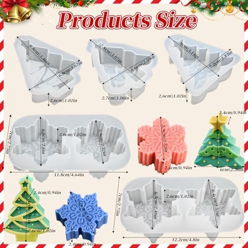 5 Pcs Christmas Candle Molds, Set of 3 Christmas Tree + 2 Snowflake Silicone Mold for Candles Wax Soap Epoxy Resin Casting Home Themes Decor Handmade Gift