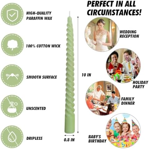 6 Pack 10 Inch Sage-Green Spiral Taper Candles for Christmas and Spring Home Decoration, Unscented Dripless Twisted Candlesticks for Dinner St. Patrick's Day Earth Day and Garden Parties