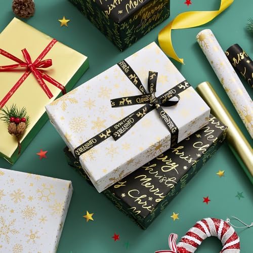 YANGTE Christmas Wrapping Paper Mini Rolls, 3 Rolls 17" x 120" Gift Wrapping Paper Christmas rolls, Holiday Wrapping Papers Black White Gold