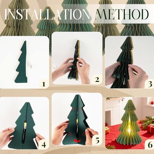 5Pcs Christmas Honeycomb Table Decorations Indoor, Lighted 3D Honeycomb Paper Christmas Trees, Vintage Green Table Centerpieces for Xmas Frozen Winter Holiday Party Home Decor, 8/10/12 Inch
