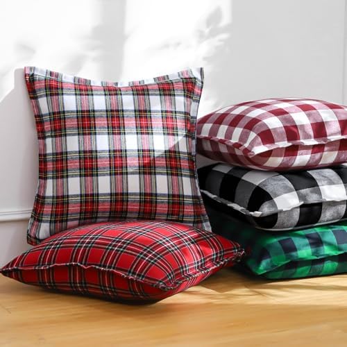 OTOSTAR Pack of 2 Christmas Scottish Plaid Throw Pillow Covers Decorative Linen Check Tartan Square Pillow Covers with Stitched Edge for Sofa Couch Bed Farmhouse Home Decor 20x20 Inches, Red