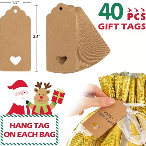 Asoulin Christmas Drawstring Gift Bags with Tags - 40 Pcs Christmas Gift Bag Assorted Size Large Medium Small Foil Gift Wrapping Bag for Birthday, Goodies, Xmas Holiday Party Favor Decoration Supplies