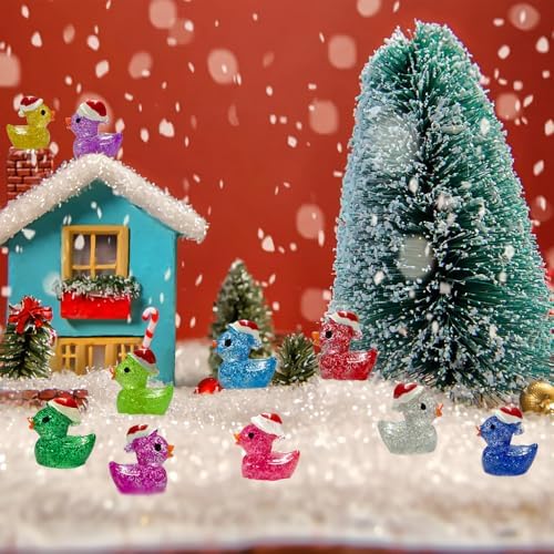 100PCS Christmas Glitter Mini Resin Ducks, Luminous Miniature Figures Tiny Ducks Micro Landscape Garden Aquarium Dollhouse for Xmas Birthday Ornaments