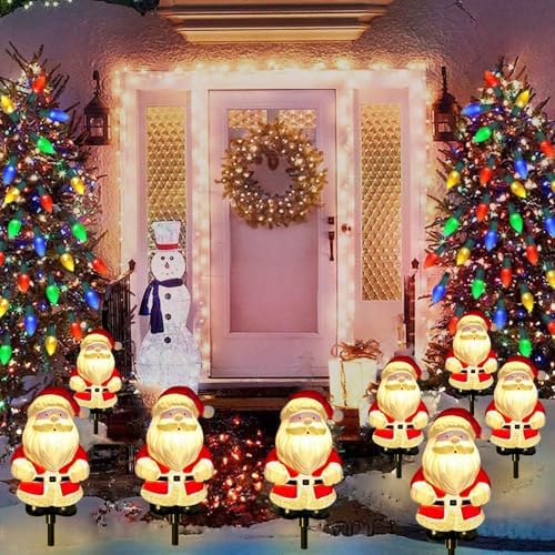 Upgraded 6-Pack Solar Christmas Garden Stake Lights, Outdoor Waterproof Solar Santa Claus Garden Stake Christmas Pathway Lights for Christmas Decorations Garden Lawn Pathway Patio (8 Modes)