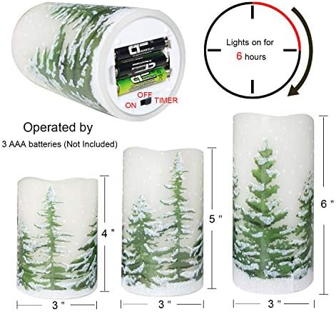 Wondise Flickering Flameless Pillar Candles with Timer, Battery Operated Real Wax Warm Light Christmas Tree Pine Tree Decal Candle for Home Decoration Christmas Gifts, Set of 3(D3 x H4/5/6 Inch)