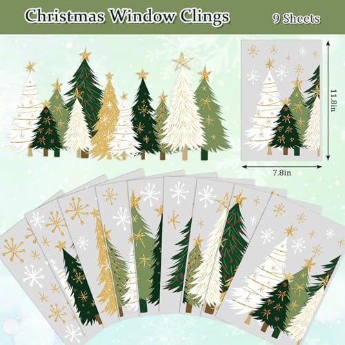 Whaline 9 Sheets Christmas Window Clings Window Decals White Green Gold Xmas Tree Snowflake Reusable Anti-Collision Windows Decor for Winter Home Glass Mirror Decor