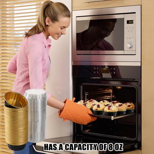 100 Pcs 8 oz Aluminum Foil Cup with Lids Disposable Ramekins with Lids Disposable Ramekin Baking Cups Foil Cupcake Containers for Wedding, Christmas, Kitchen, Party (Black, Gold, 8 oz)