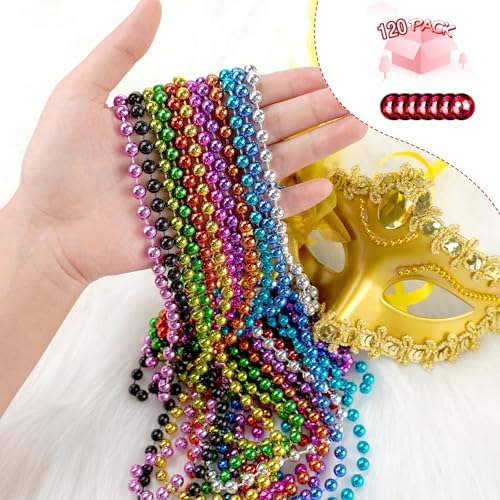 120 PCS Mardi Gras Beads, Party Beads Necklaces for Mardi Gras, Christmas, St. Patrick's Day, Metallic Colorful Necklaces Accessories in 12 Colors