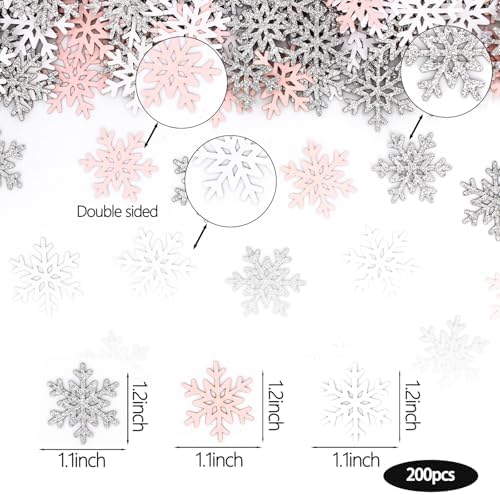 200PC White Pink Silver Snowflake Confetti for Winter Wonderland Decorations Small Snowflakes Table Scatter for Winter Onederland Christmas Birthday Baby Shower Party Table Decor Supplies