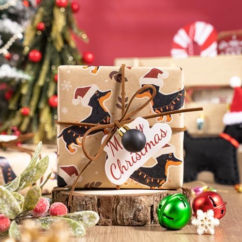 WRAPAHOLIC Kraft Dog Christmas Wrapping Paper - Mini Roll - 17 Inch x 16.5 Feet - Dachshund Dog and Red Bow Wrapping Paper for Christmas, Holiday, Party Celebration