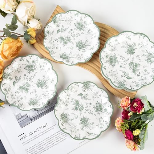 Sage Green Floral Leaf Disposable Paper Plates - Wildflower Green Toile 7" Scalloped Rim Dessert Plates for Christmas, Birthday, Bridal & Tea Parties (48)
