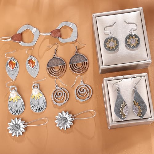 12 Pairs Boho Vintage Geometric Round Earrings Wooden Leather Ethnic Style Vintage Sunflower Earrings Christmas for Women