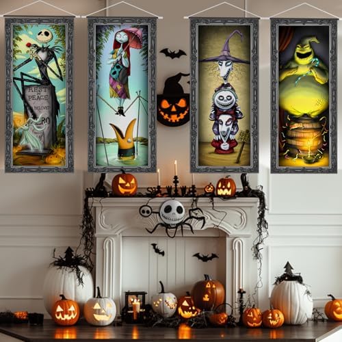 4 Packs Jack Sally Banners Porch Signs Halloween Decor Christmas Nightmare Hanging Vintage Banner Halloween Decorations Outdoor Horror Poster for Indoor Stretching Portraits Before Party Banner Wall Art Wallpaper