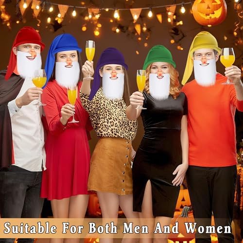 21 Pcs Halloween Dwarf Costume Accessories, Colorful Dwarf Hats Set with Large Nose and White Beard, Gnome Fairy Party Hats for Halloween Christmas Cosplay Theme Party
