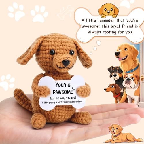 Crochet Dog Puppy Small Funny Gifts for Women Men Girls Boys, Mini Cool Cute Stuff Things Presents, Birthday Christmas Stocking Stuffers Ornament Desk Decor, Emotional Positive Support Crochet Animals