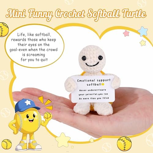 JoycuFF Funny Mini Crochet Softball Turtle Gifts - Emotional Positive Inspirational Softball Stocking Stuffers Gift for Lovers, Players, Fans - White Elephant Christmas Handmade Gifts for Her