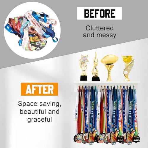 Wooden Medal Hanger Display Trophy Holder Shelf with 25/37/49/65 Hooks Wall Mount Ribbon Holder Christmas Gift for Gymnastics Running Soccer Awards