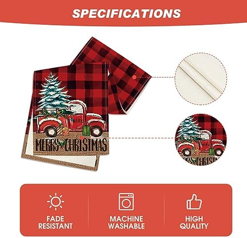 Artoid Mode Red and Black Buffalo Plaid Merry Christmas Tree Table Runner, Seasonal Truck Gifts Kitchen Dining Table Decoration for Outdoor Home Party 13x72 Inch
