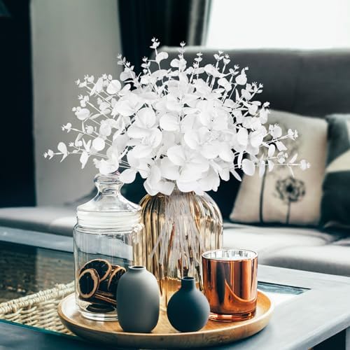 14PCS White Eucalyptus Artificial Faux Flowers for Decoration - Fake Silk Stems in Vase Christmas Holiday Winter Wedding Home Decor