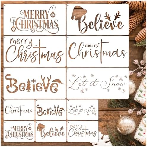 12 Pcs Christmas Stencils Reusable Let it Snow Believe Stencil Template Merry Christmas Stencils for Painting on Wood DIY Crafts Window Doormat Door Hanger Sign (12 Christmas)