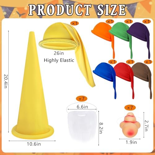 21 Pcs Halloween Dwarf Costume Accessories, Colorful Dwarf Hats Set with Large Nose and White Beard, Gnome Fairy Party Hats for Halloween Christmas Cosplay Theme Party