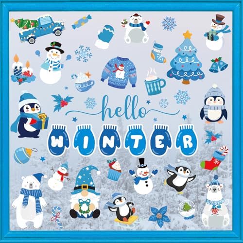 Whaline 9 Sheets Hello Winter Window Cling Stickers Blue Cartoon Penguin Snowman Bear Reusable Window Decals for Christmas Xmas Party Home Office Classroom Decoration