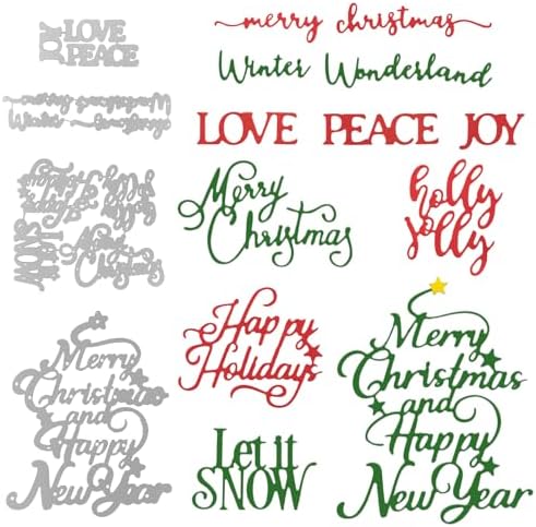 10sets Christmas Words Die Cuts for Card Making Merry Christmas Greetings Happy Holidays Love Peace Joy Let It Snow Winter Wonderland Assortment Cutting Dies for Scrapbooking Paper Craft