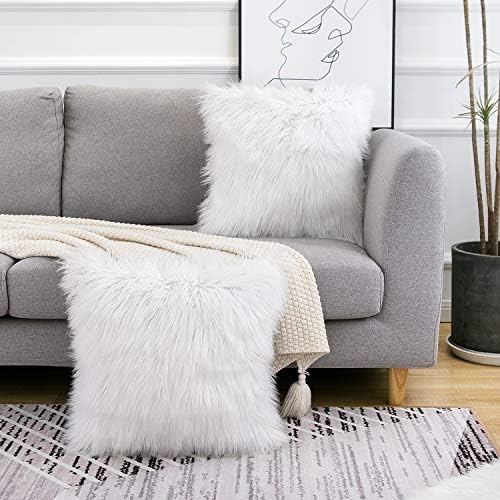 WLNUI Set of 2 White Christmas Decorative Fluffy Pillow Covers New Luxury Series Merino Style Faux Fur Throw Pillow Covers Square Fuzzy Cushion Case for Sofa Bedroom Living Room Home Decor 18x18 Inch