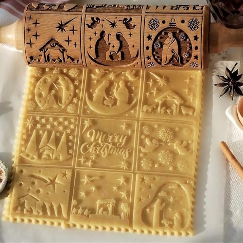 17" Premium Wooden Rolling Pins for Baking with Nativity Embossed Designs | 3mm Deep Springerle Cookie Molds | Christmas Rolling Pin & Baking Gifts for Women | Includes 3-in-1 Cleaning Brush ﻿