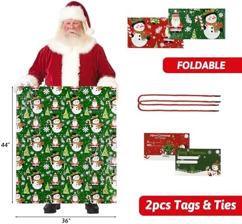2 Pcs Large Christmas Gift Bags 44" X 36", Oversized Xmas Gift Sack with Tag & Tie, Jumbo Giant Plastic Santa Bag for Wrapping Huge Presents Christmas, Birthday, Party, Baby Shower