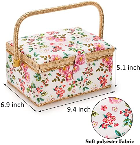 ZOOFOX Sewing Basket with Accessories, Wooden Sewing Kit Storage Box with Removable Tray, Vintage Sewing Kits Carrying Bag for Sewing Mending, Beginner, Professional, Floral Print, Gift for Christmas