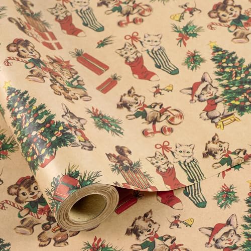 RUSPEPA Kraft Christmas Wrapping Paper Roll, Mini Roll, Vintage Animals Like Cat and Squirrel with Santa Hats, Tree, Stockings & Gifts, Kraft Gift Wrap for Boys, Girls, Holiday, 17 Inches x 16.4 Feet