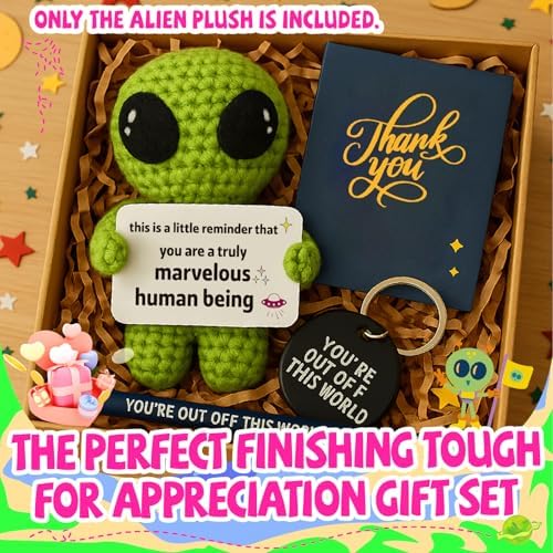 Boss Day Appreciation Gifts - Christmas Stocking Stuffers for Adult - Office White Elephant Exchange, Birthday Gifts for Coworkers, Teachers, Friends, Crochet Alien Plush with Positive Message Card