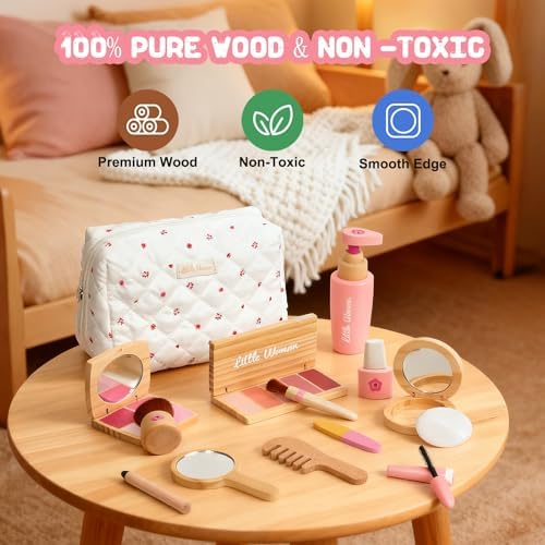 Wooden Pretend Makeup Kit for Toddlers: Non Toxic Mess Free Play Makeup Toy Set for 2 3 4 Year Old Girls - Perfect Toddler Montessori Toys Christmas Birthday Gift Ideas
