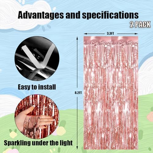 Keyali 2 Pack 3.3 * 8.3 ft Foil Curtain Metallic Tinsel Fringe Curtains Photo Booth Props Backdrop for Birthday Wedding Engagement Baby Shower Christmas Holiday Celebration Partyl,Rose Gold