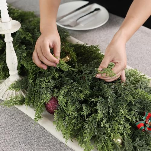 16FT Cedar Garland for Fireplace - Artificial Christmas Garland Thick and Lush Realistic Faux Cedar Fake Pine Needles Garland for Table,Window,Stairs,Mante,Indoor Outdoor Decor (1PCS)