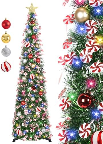 HMASYO 5 FT Pop Up Christmas Tree with Timer Lights and Decorations, Green Tinsel Christmas Tree with Candy and 24 Balls Ornament, Collapsible Pencil Tree Xmas Decoration for Home, Office, Party