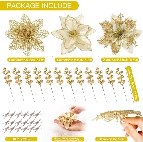 Sggvecsy 30 Pcs 3 Styles Christmas Glitter Poinsettia Flowers Artificial Berry Picks Christmas Tree Ornaments Artificial Christmas Flowers with Clips for Xmas Wedding Wreath Floral Decorations(Gold)